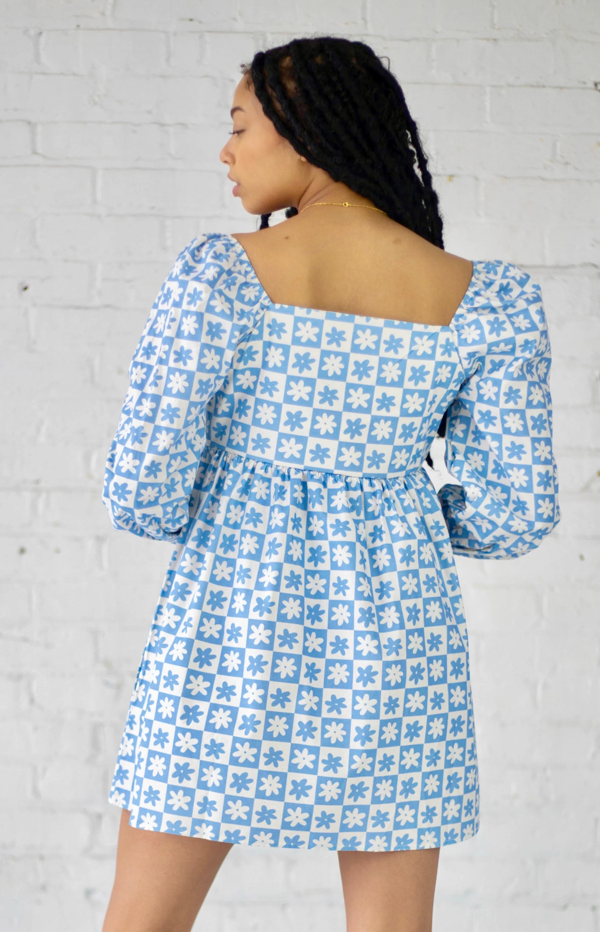 Lena Babydoll Mini Dress | Blue Daisy Check - Image 4
