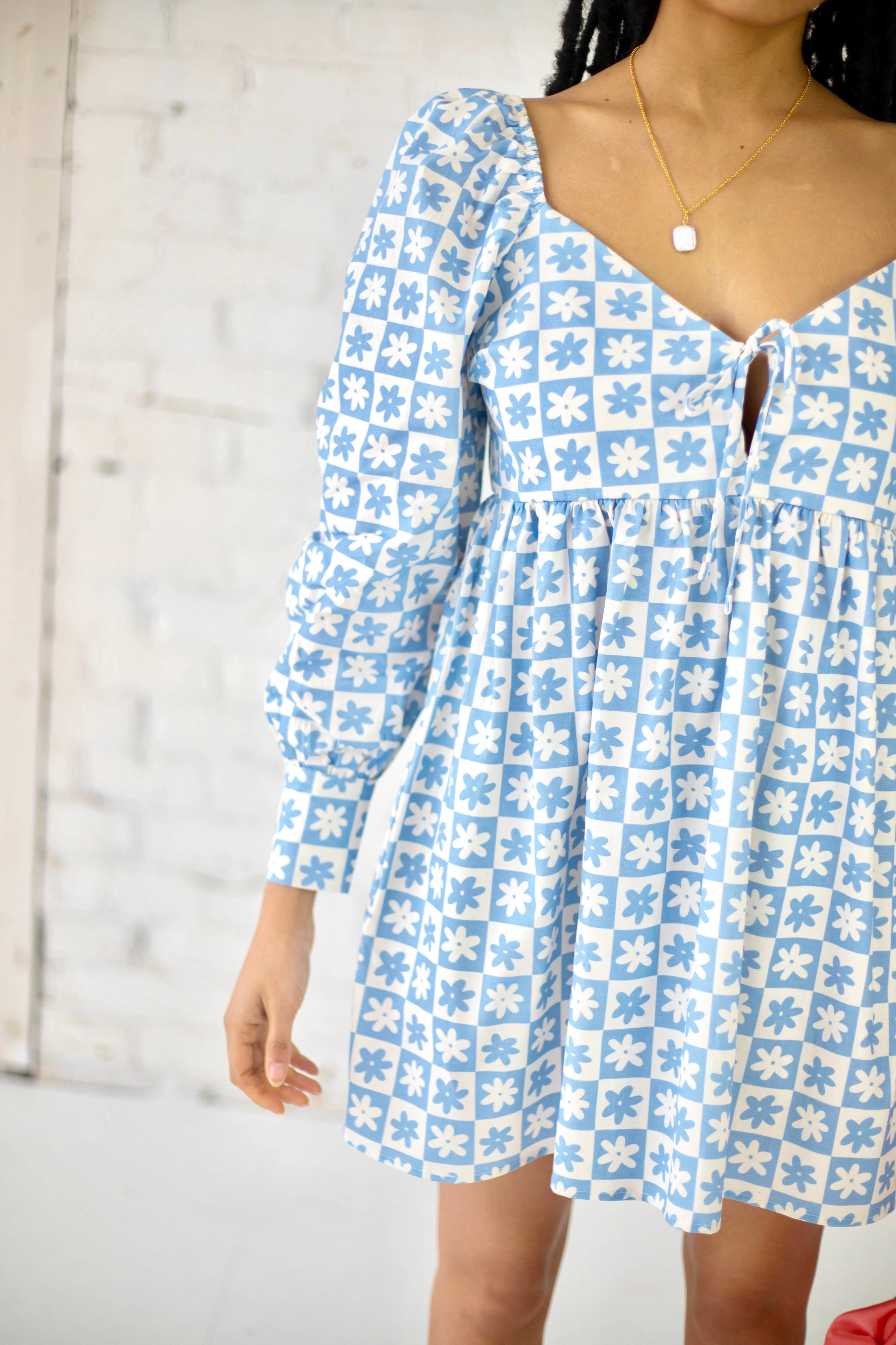 Lena Babydoll Mini Dress | Blue Daisy Check - Image 5