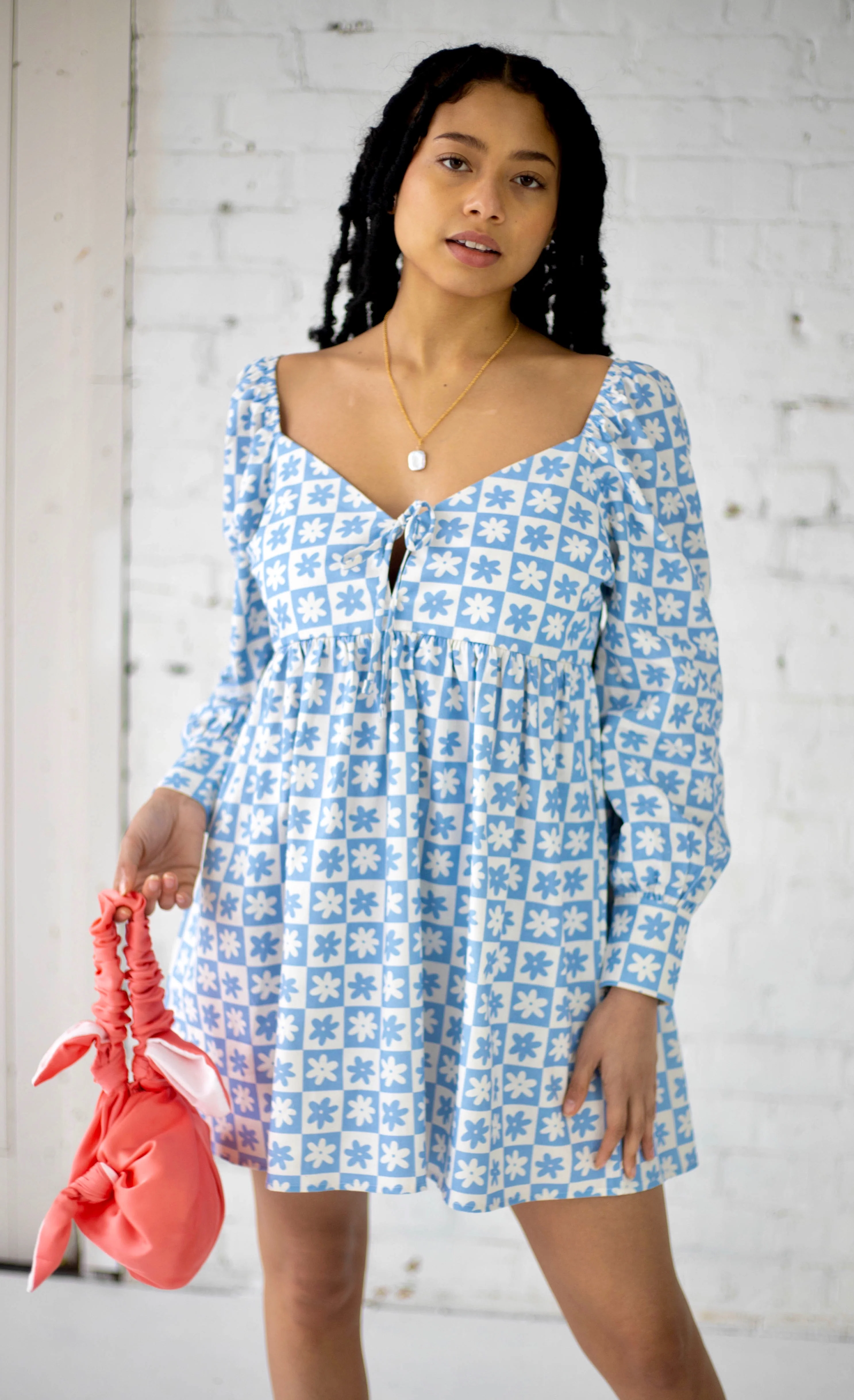 Lena Babydoll Mini Dress | Blue Daisy Check - Image 6